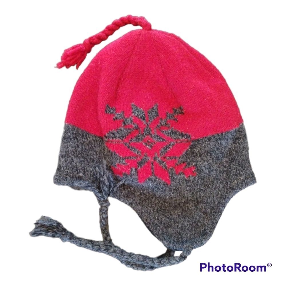 Red Gray Snowflake Holiday Wool Blend Knit Earflap Beanie Hat with Tassels